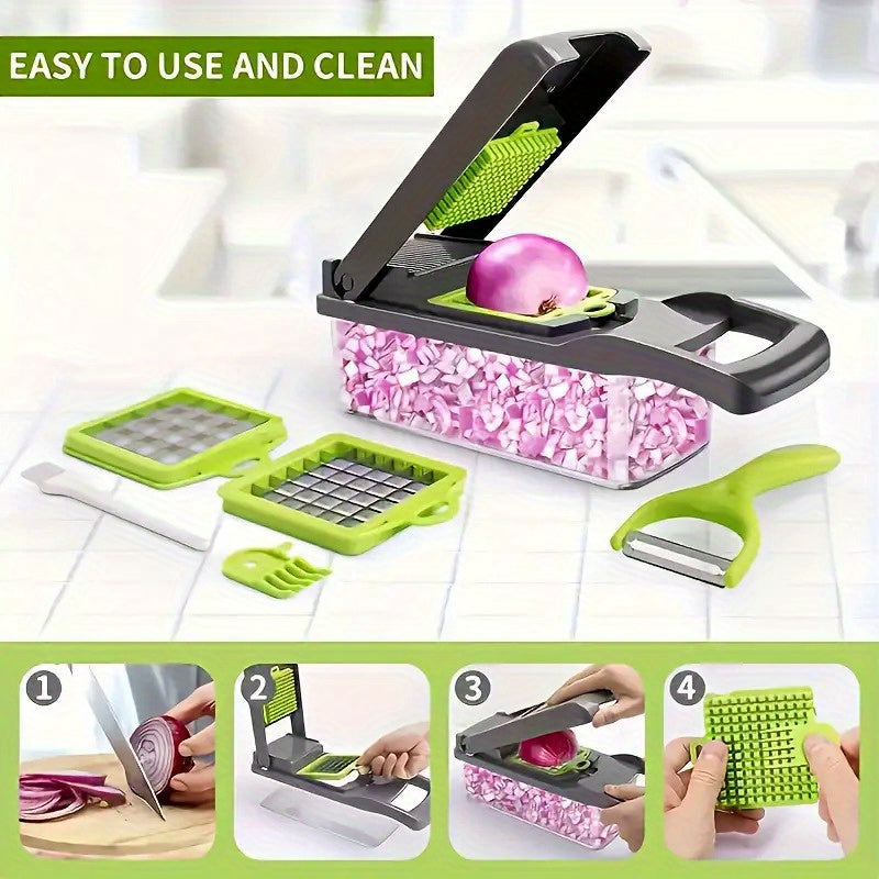 Set of 16 Vegetable Chopper Accessories, Fruit Slicer with Multiple Functions, Semi-Automatic ABS Mandoline featuring 8 Square Blades, Manual Food Grater, Onion Mincer, Potato Shredder, Essential Kitchen Tools for Dormitory Use.