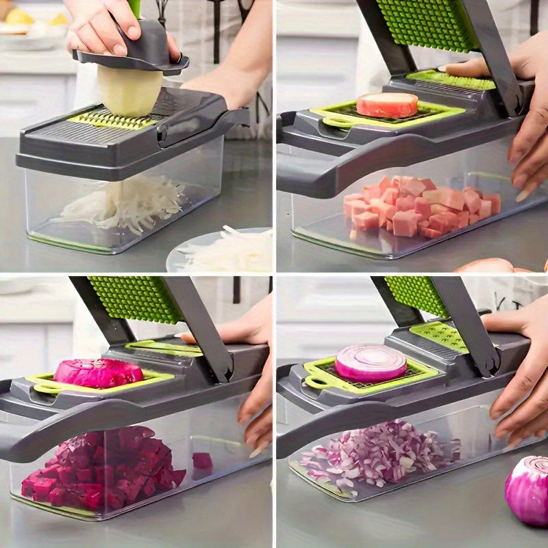 Set of 16 Vegetable Chopper Accessories, Fruit Slicer with Multiple Functions, Semi-Automatic ABS Mandoline featuring 8 Square Blades, Manual Food Grater, Onion Mincer, Potato Shredder, Essential Kitchen Tools for Dormitory Use.