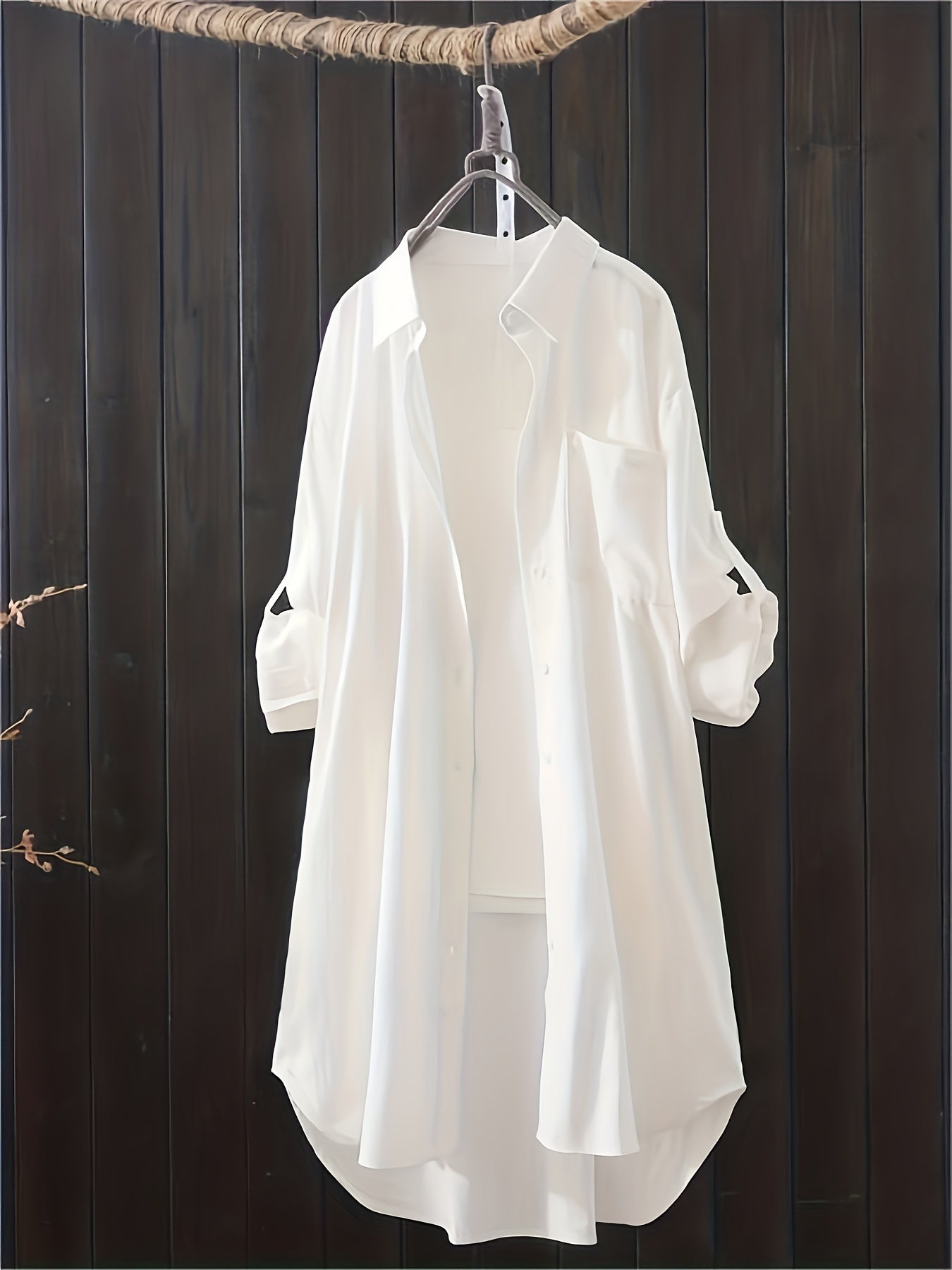 Women's casual oversized shirt with lapel collar, button detail, and solid color. Made of 95% polyester and 5% spandex blend. Non-stretch woven fabric suitable for all seasons. Plus size