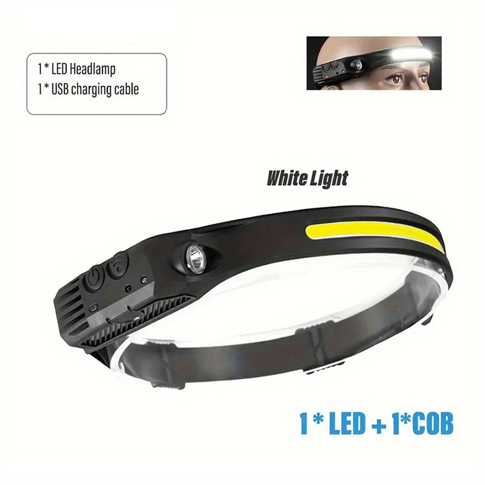 USB rechargeable headlamp with LED and COB bulbs, motion sensor, waterproof, portable, ideal for outdoor activities.