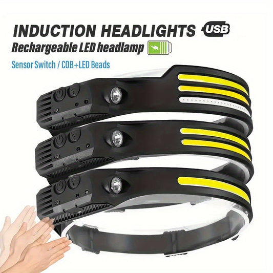 USB rechargeable headlamp with LED and COB bulbs, motion sensor, waterproof, portable, ideal for outdoor activities.