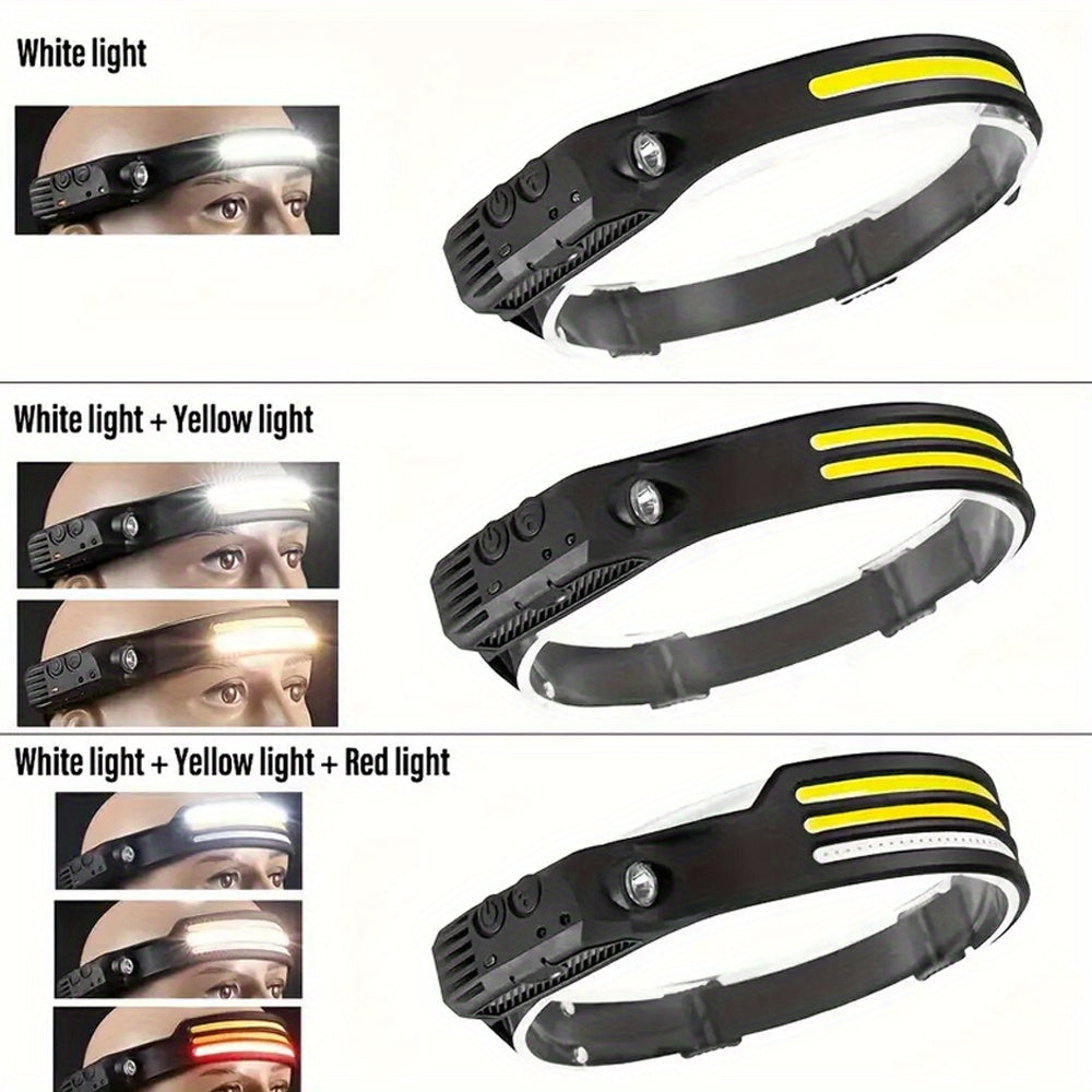 USB rechargeable headlamp with LED and COB bulbs, motion sensor, waterproof, portable, ideal for outdoor activities.