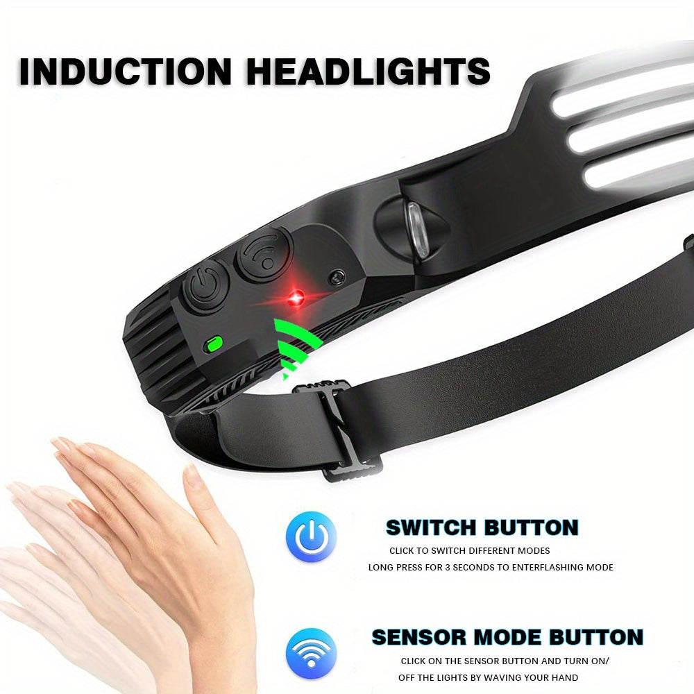 USB rechargeable headlamp with LED and COB bulbs, motion sensor, waterproof, portable, ideal for outdoor activities.