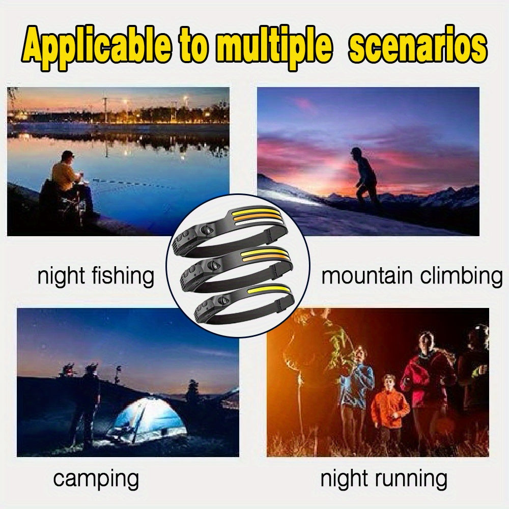 USB rechargeable headlamp with LED and COB bulbs, motion sensor, waterproof, portable, ideal for outdoor activities.