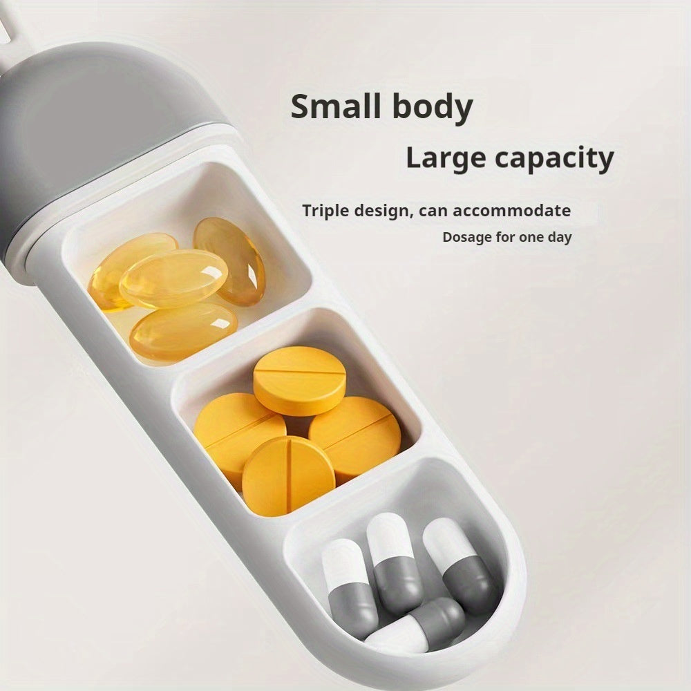 Compact and convenient for travel, the 1pc TravelMate Portable Pill Organizer features 3 compartments made of plastic with a moisture-proof silicone strip. Its casual style makes it a convenient option for storing your medicine while on the go.