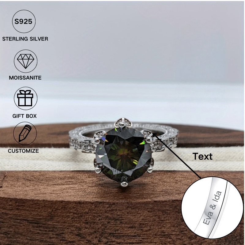 Personalized 925 Sterling Silver Ring featuring a 5 Ct Green Moissanite in a Round Cut Flower Bud Design - Custom Engraving available for Anniversary, Birthday, Formal Events, Valentine's Day, and Christmas - Add your name or message for a unique touch -