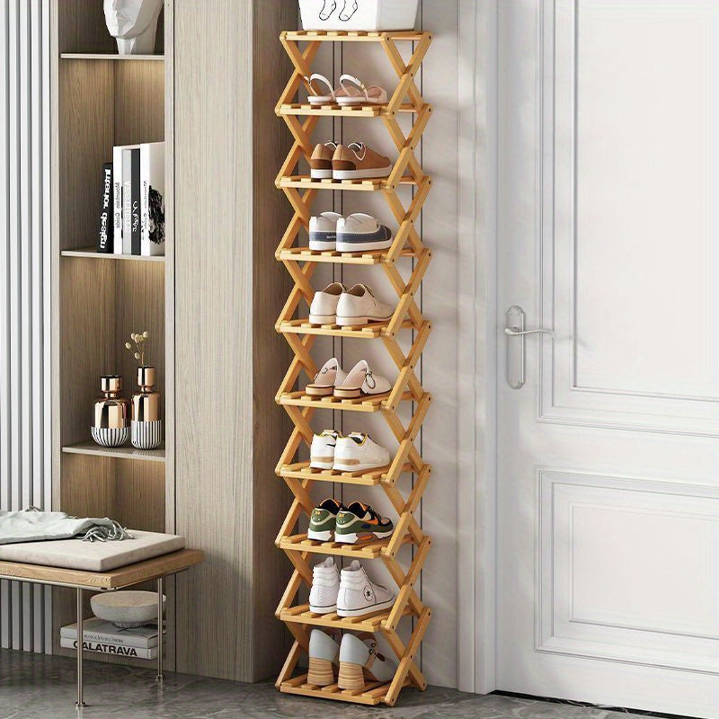 This foldable shoe rack, constructed from bamboo and requiring no installation, offers a customizable design with 5 to 9 layers to choose from. Available in two colors, this space-saving option is perfect for the limited area near the family's entrance.