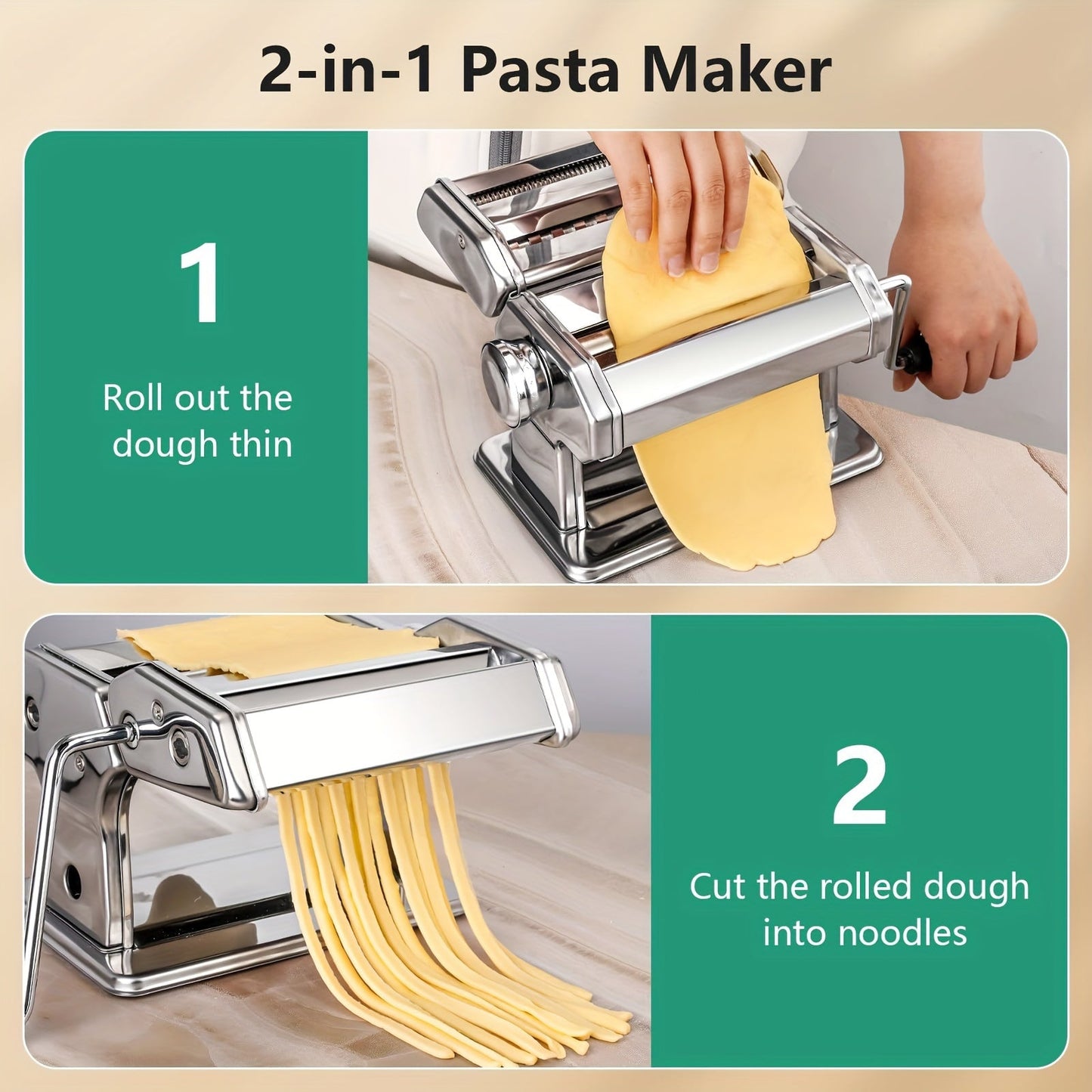 Durable Kitchen Gadget: Adjustable Thickness Stainless Steel Manual Pasta Maker with Dual-Width Noodle Cutter for Spaghetti, Fettuccine, and Lasagna