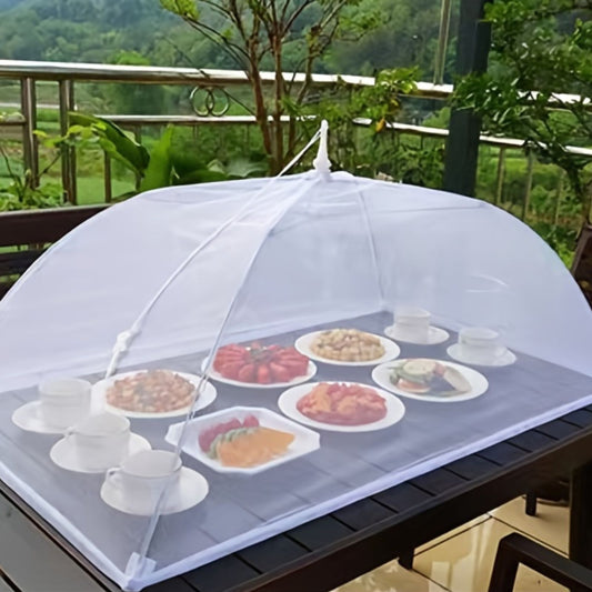 Foldable and washable white mesh food tent, ideal for picnics, BBQs, and parties.