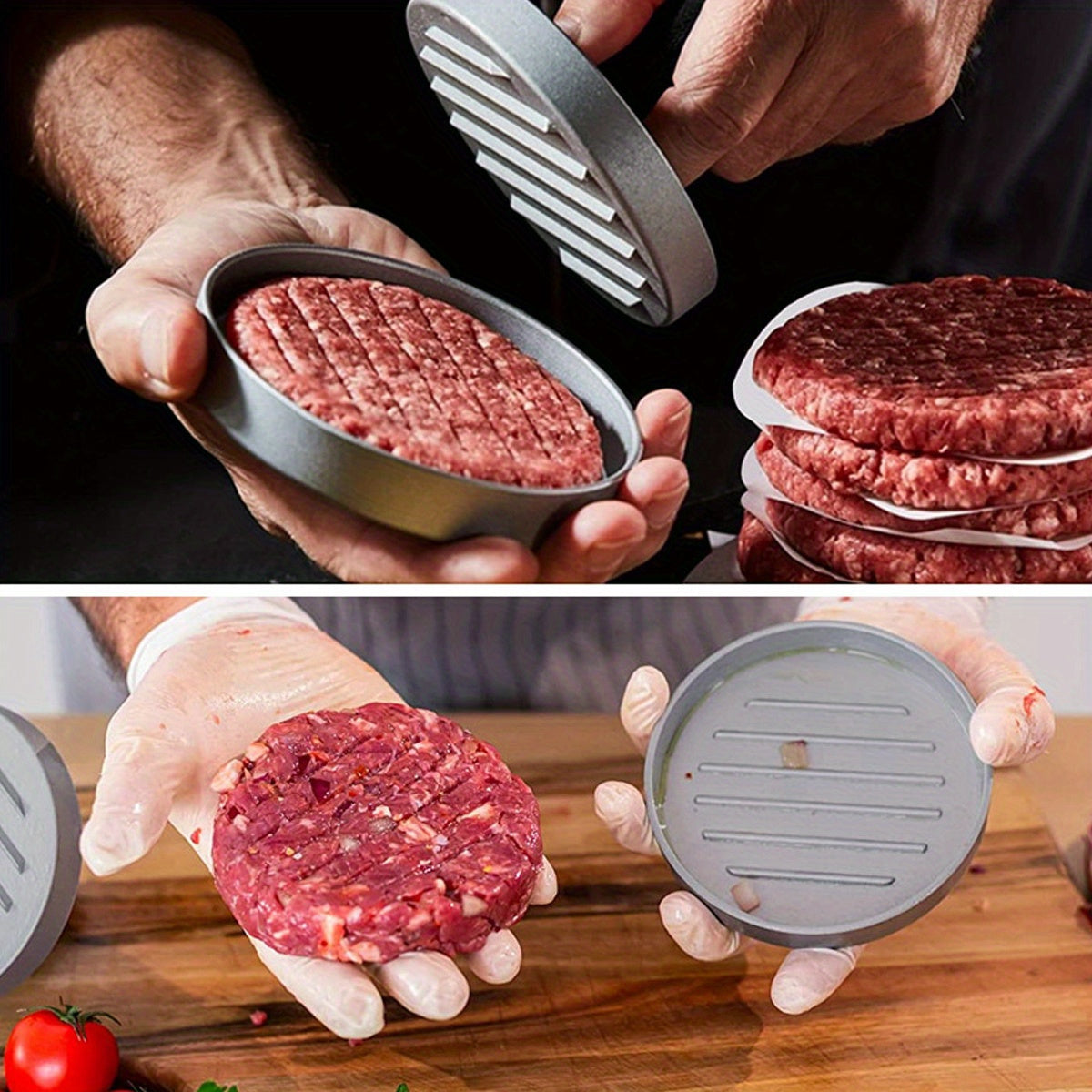 Create perfect hamburger patties with the Aluminum Burger Press Patty Maker, featuring a non-stick coating and includes wax paper discs. This kitchen gadget is food contact safe cookware, making it easy and convenient to use.