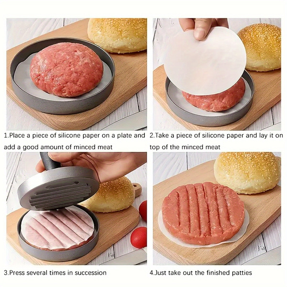 Create perfect hamburger patties with the Aluminum Burger Press Patty Maker, featuring a non-stick coating and includes wax paper discs. This kitchen gadget is food contact safe cookware, making it easy and convenient to use.