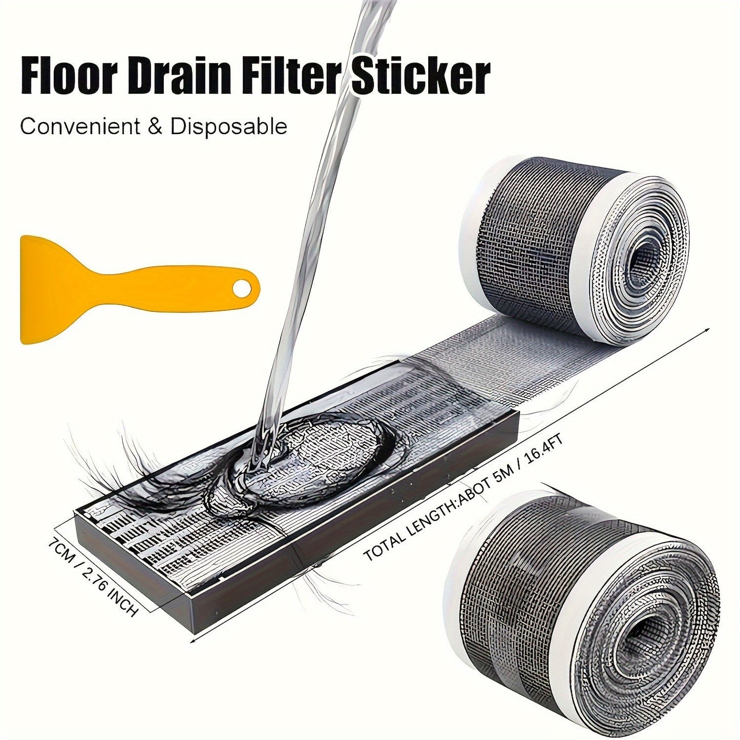 Hair Catcher Roll with Self-Adhesive Backing for Bathroom and Kitchen, Features Anti-Clogging Insect Screen and Floor Tile Filter