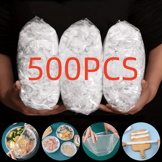 Food Grade Plastic Fresh-Keeping Film in packs of 500pcs, 300pcs, and 100pcs. This anti-odor, leak-proof, and dust-proof refrigerator sealed cover is perfect for storing leftover rice and fruit in the kitchen. It is ideal for household food preservation