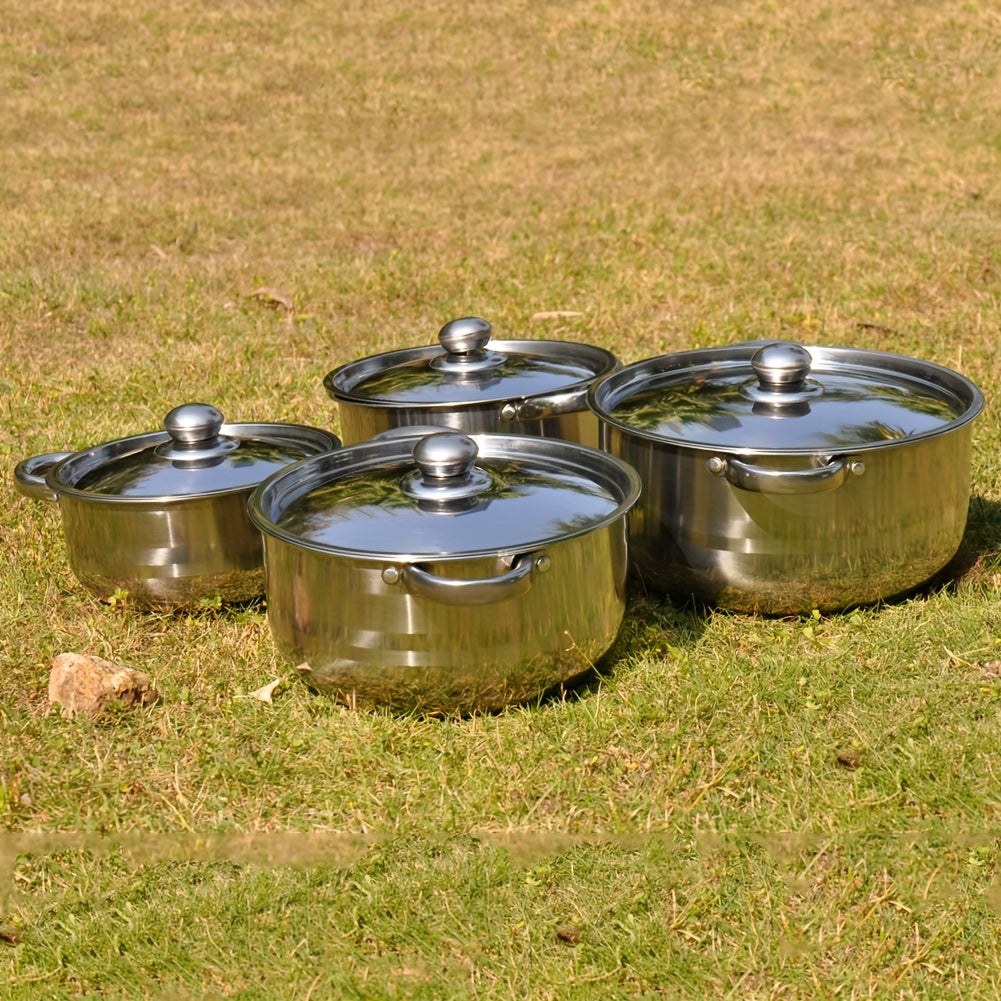 Stainless Steel Cookware Set with 4 Pieces - Sturdy, Thickened Construction Includes 4 Pots and Matching Lids in Various Sizes (20/21/24/26cm) - Perfect for Camping and Outdoor Cooking, Great for Making Soup