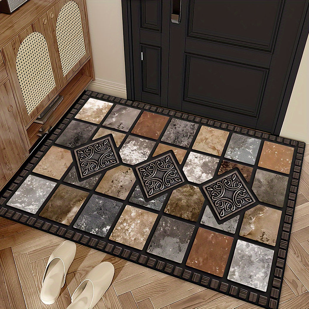 Introducing our Crystal Velvet Welcome Mat, featuring a stunning Red Stone and Tile Design. This mat has a Non-Slip Rubber Backing, making it safe for use in any area. Made from Machine Washable Polyester, this Door Mat is perfect for the Home, Garden