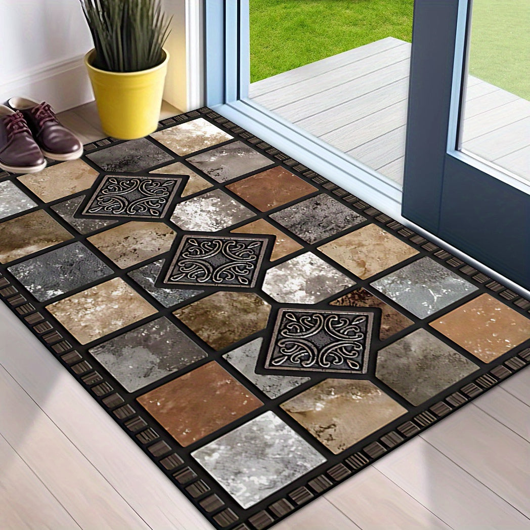 Welcome guests with a durable, non-slip door mat made of washable polyester and rubber backing. Featuring a luxurious crystal velvet finish, this red stone and tile design mat is ideal for any home, garden, or living space. Available in multiple sizes