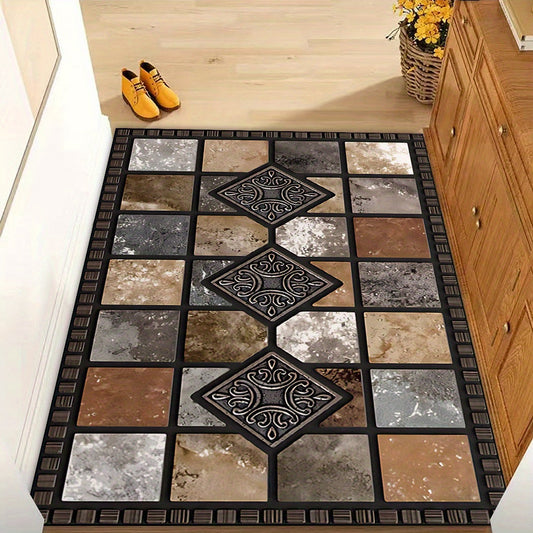 Welcome guests with a durable, non-slip door mat made of washable polyester and rubber backing. Featuring a luxurious crystal velvet finish, this red stone and tile design mat is ideal for any home, garden, or living space. Available in multiple sizes