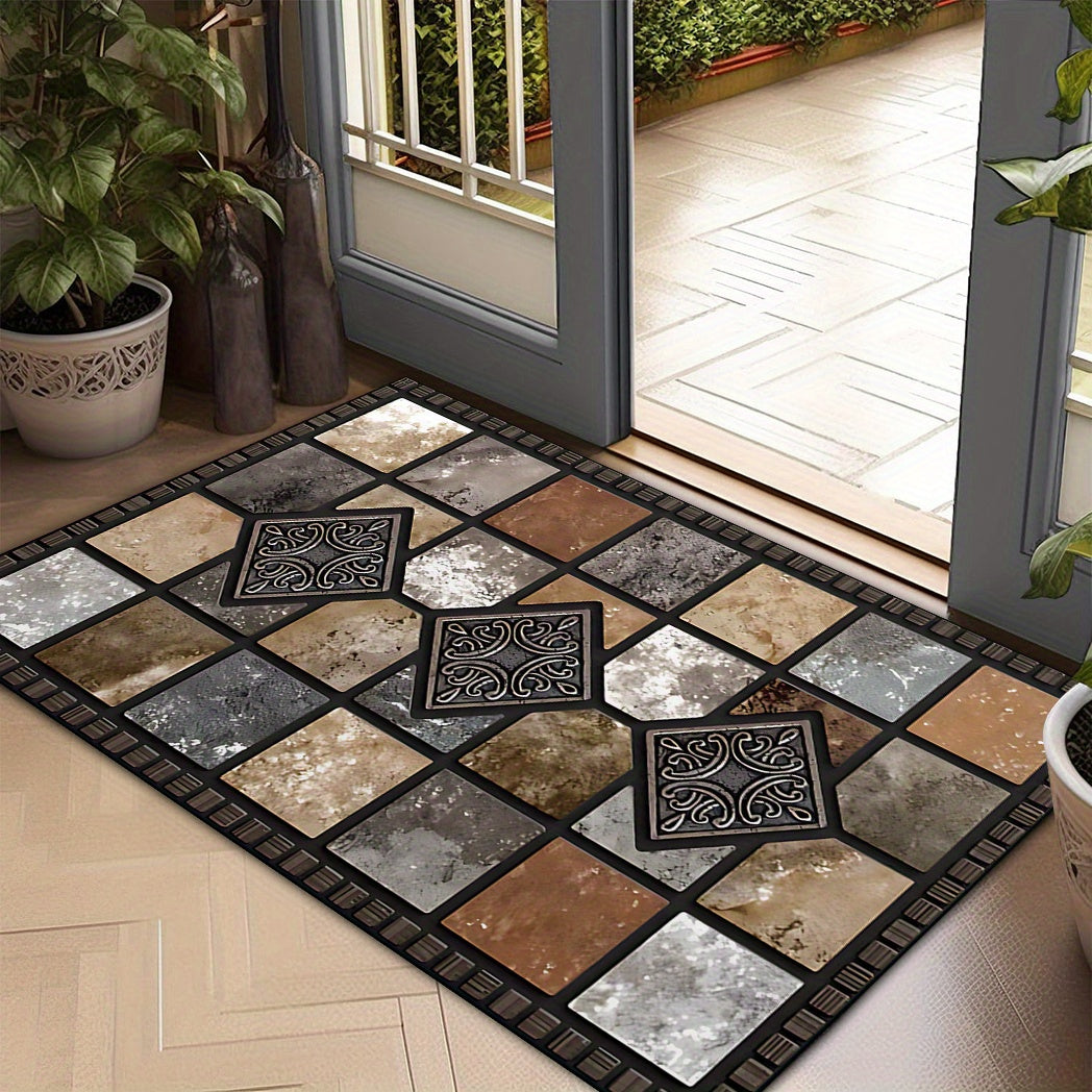 Introducing our Crystal Velvet Welcome Mat, featuring a stunning Red Stone and Tile Design. This mat has a Non-Slip Rubber Backing, making it safe for use in any area. Made from Machine Washable Polyester, this Door Mat is perfect for the Home, Garden