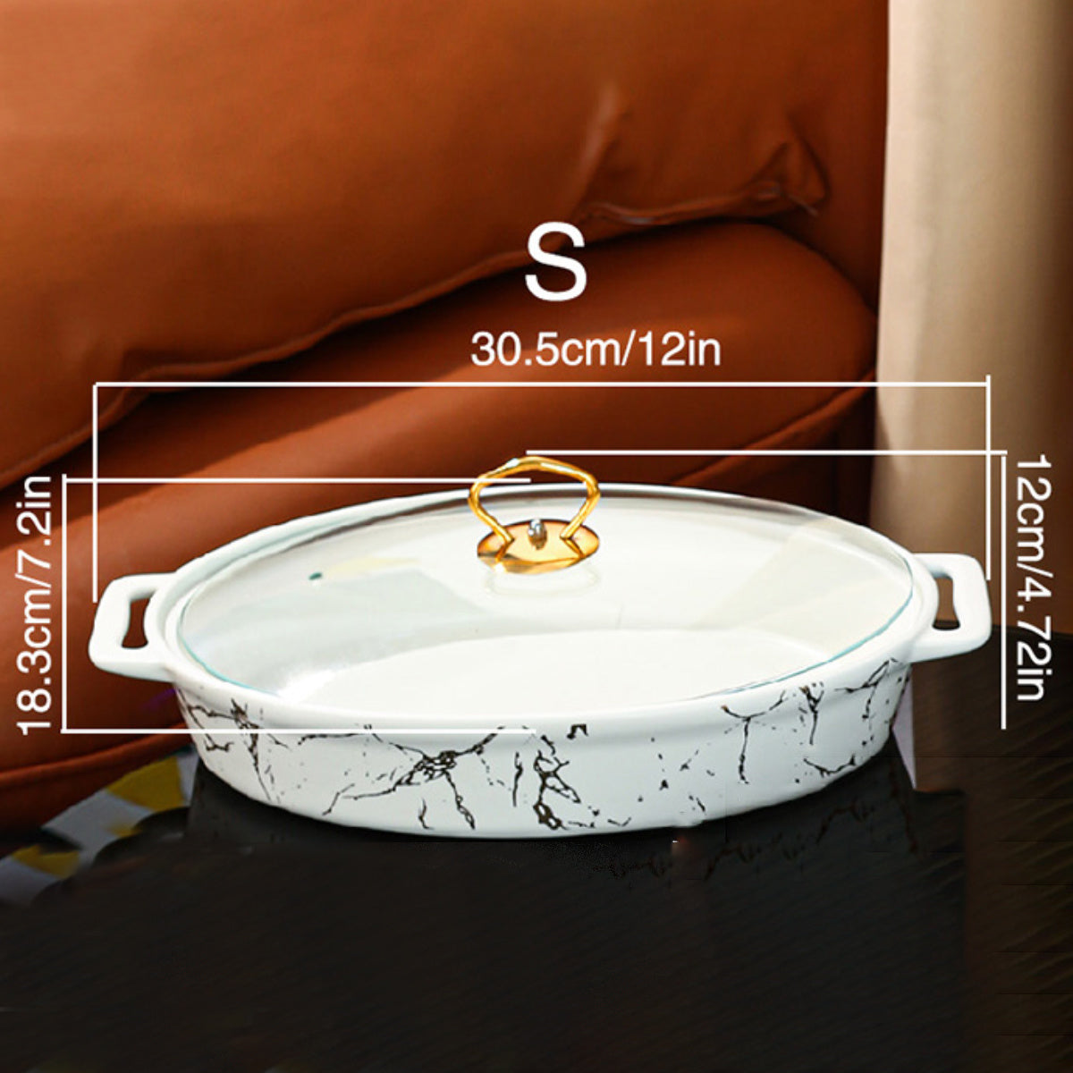 White oval ceramic soup pot with lid, double handles, and Nordic golden pattern available in small, medium, and large sizes.