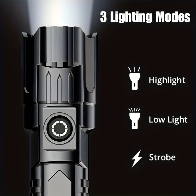 Bright LED flashlight with 3 modes (High, Low, Strobe), 13.0 cm, USB cable included, perfect for outdoor adventures.