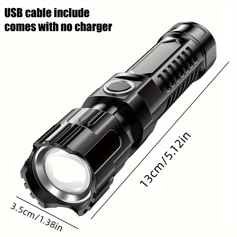 Bright LED flashlight with 3 modes (High, Low, Strobe), 13.0 cm, USB cable included, perfect for outdoor adventures.