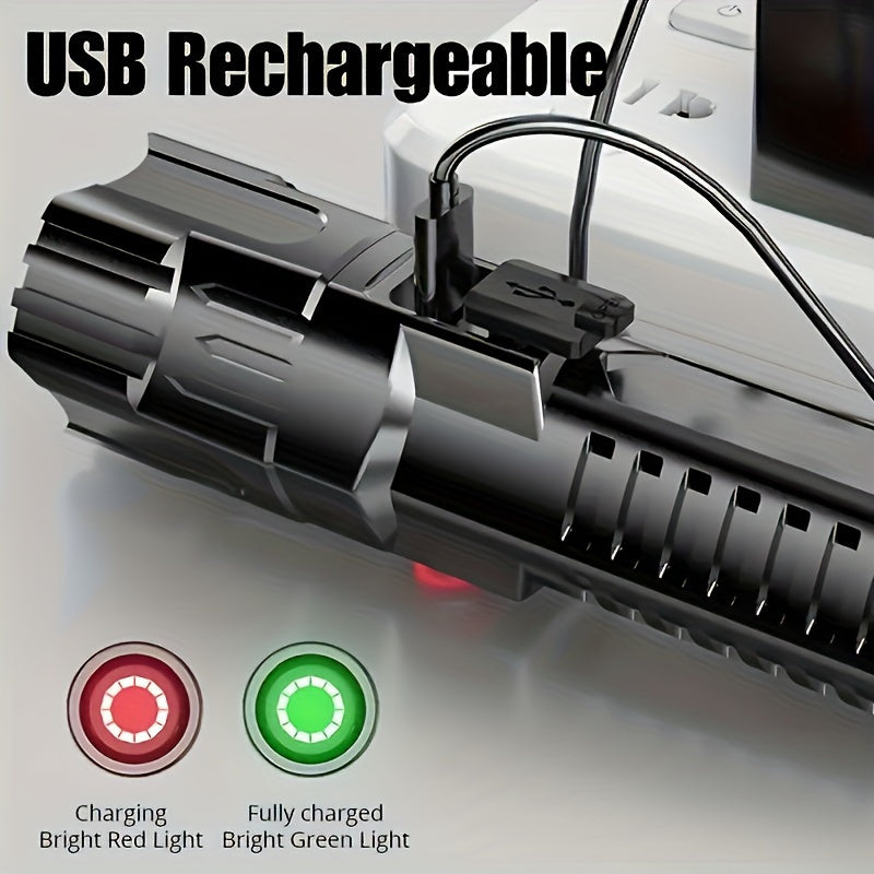 Bright LED flashlight with 3 modes (High, Low, Strobe), 13.0 cm, USB cable included, perfect for outdoor adventures.