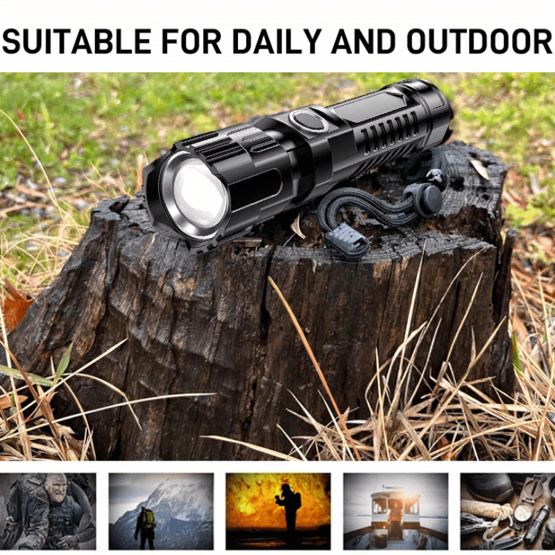 Bright LED flashlight with 3 modes (High, Low, Strobe), 13.0 cm, USB cable included, perfect for outdoor adventures.