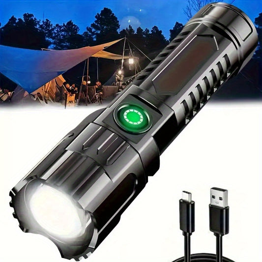 Bright LED flashlight with 3 modes (High, Low, Strobe), 13.0 cm, USB cable included, perfect for outdoor adventures.