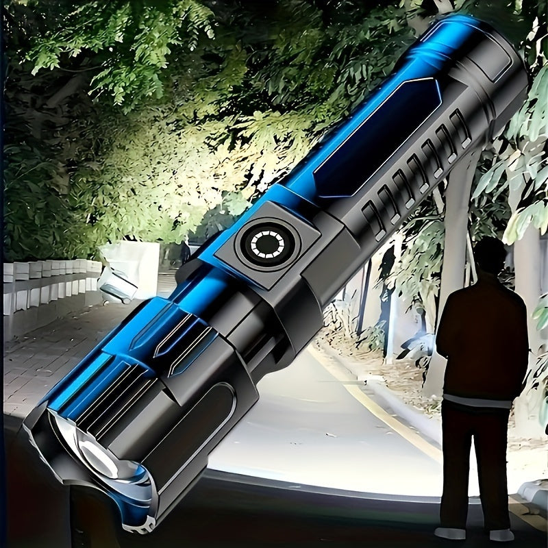 Bright LED flashlight with 3 modes (High, Low, Strobe), 13.0 cm, USB cable included, perfect for outdoor adventures.