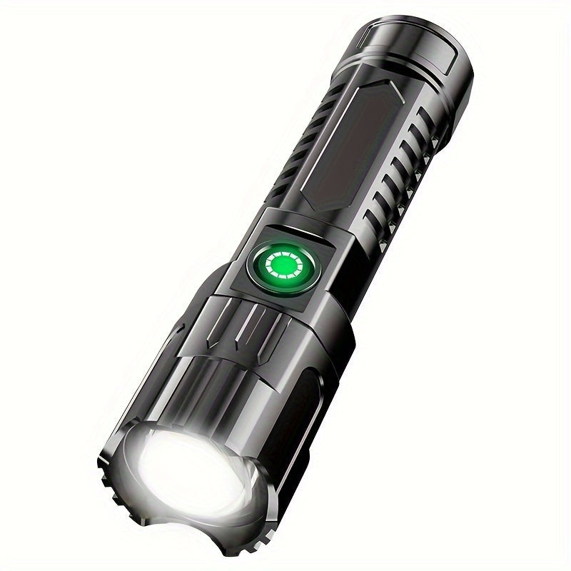 Bright LED flashlight with 3 modes (High, Low, Strobe), 13.0 cm, USB cable included, perfect for outdoor adventures.