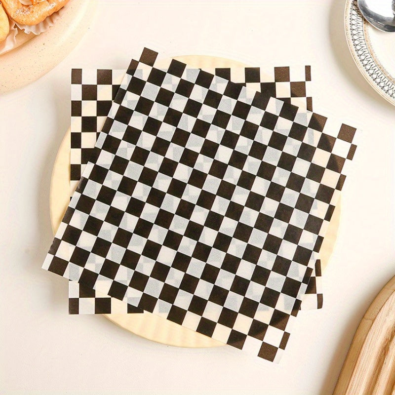 100 pieces of Checkerboard Wax Paper Doilies - Rectangular Grease-Resistant Food Wrapping Sheets, Machine-Made Disposable Paper Liners for Sandwiches, Hamburgers, and Fried Chicken - Essential Kitchen Accessories & Gadgets