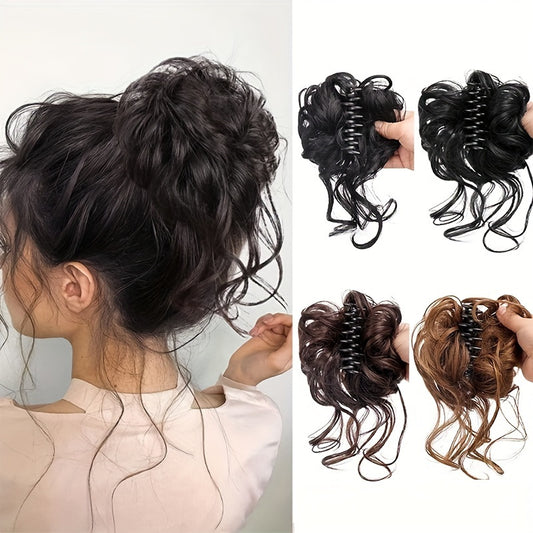 Stylish messy bun claw clip hairpiece for women - natural, fluffy ponytail extension with long beard - versatile and user-friendly.