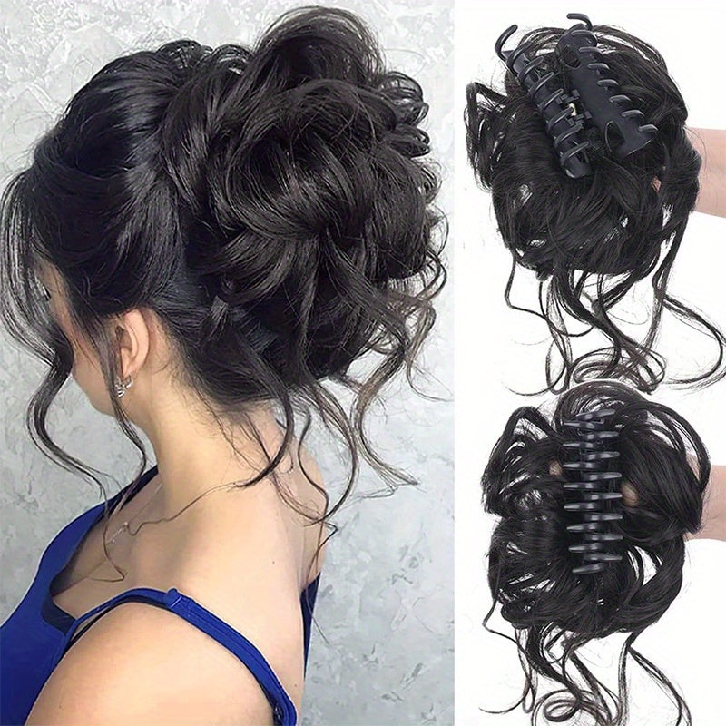 Stylish messy bun claw clip hairpiece for women - natural, fluffy ponytail extension with long beard - versatile and user-friendly.