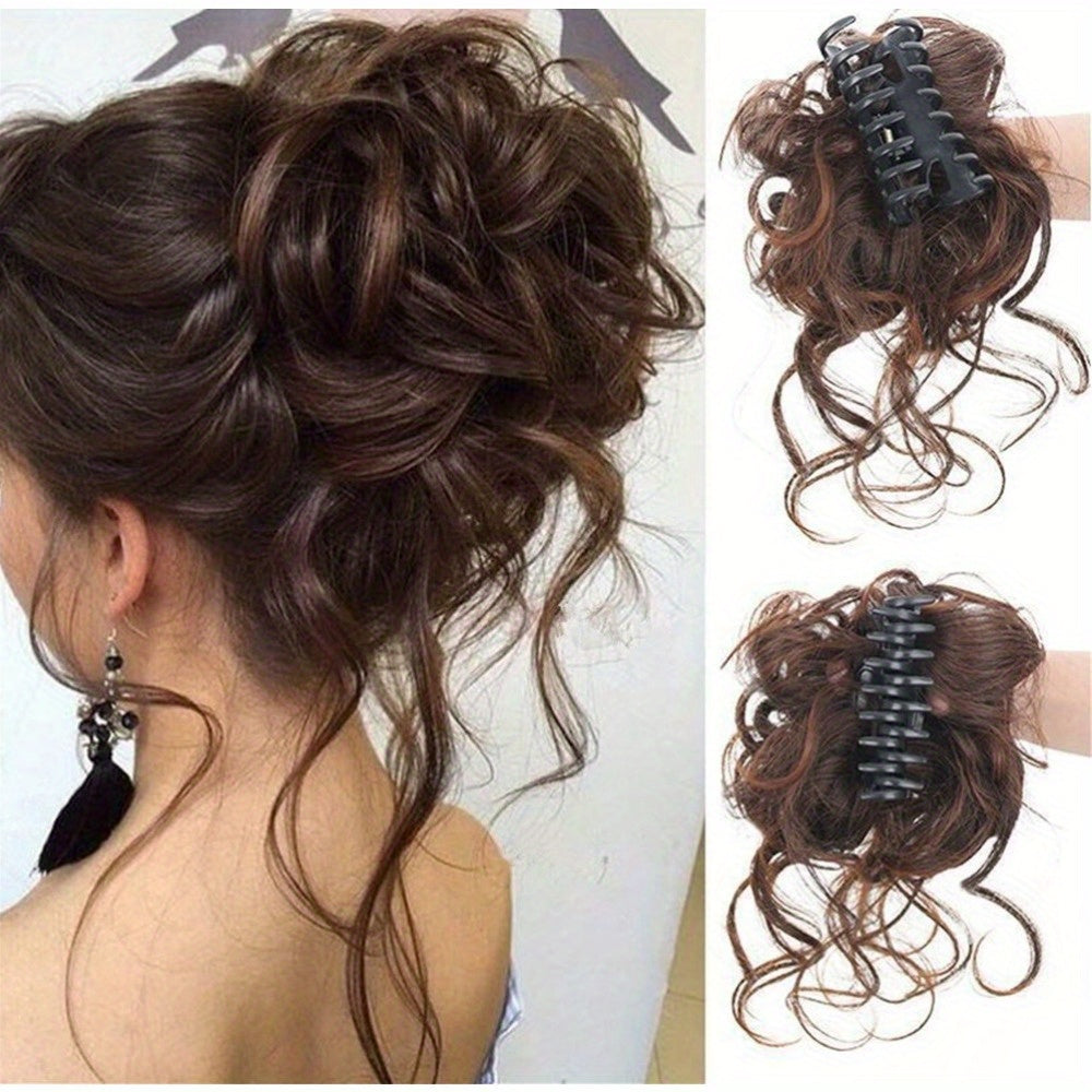 Stylish messy bun claw clip hairpiece for women - natural, fluffy ponytail extension with long beard - versatile and user-friendly.