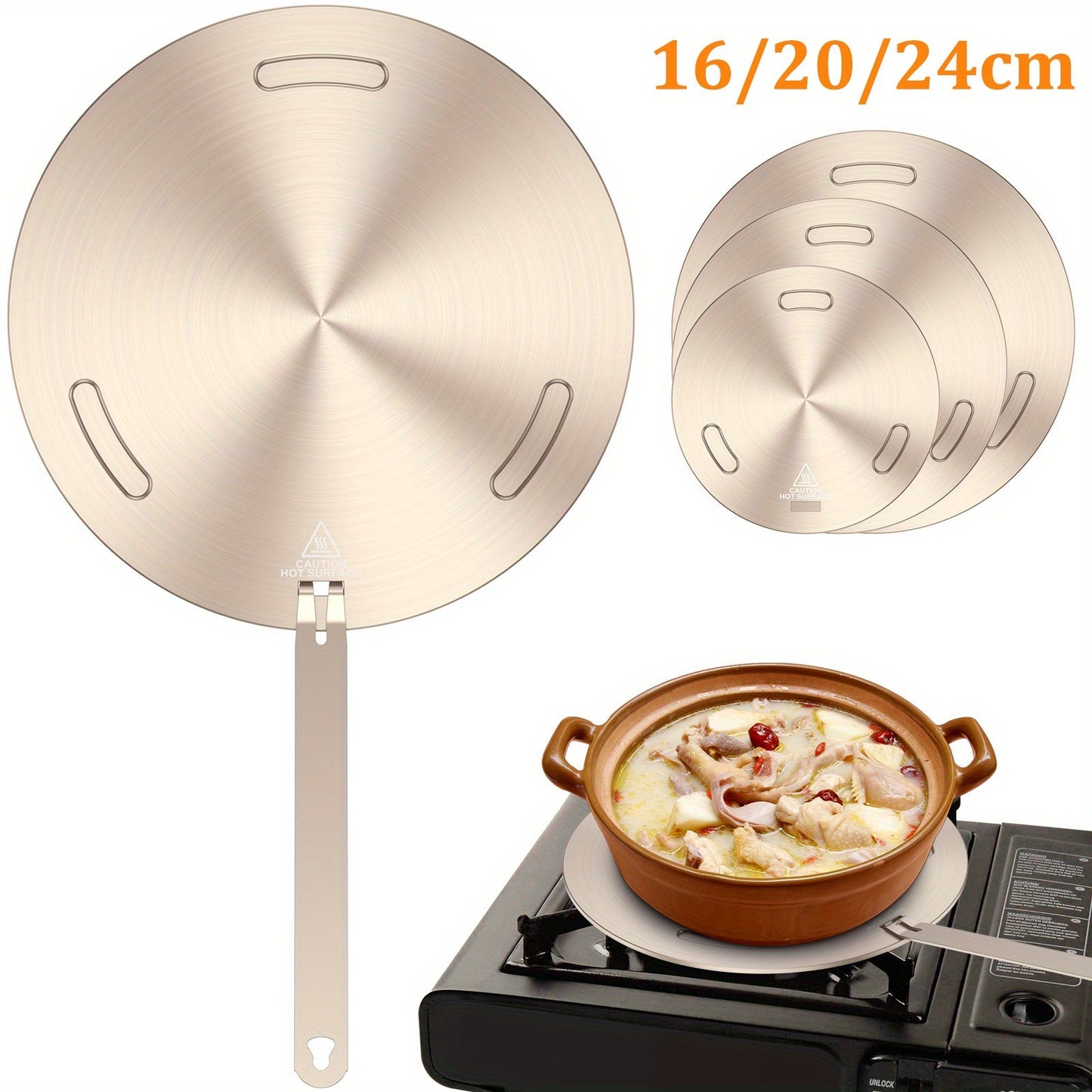 Universal pot protection - Stainless steel heat diffuser plate with convenient handle for gas stove and induction cooktop. Ensures even cooking and energy-efficient heat conduction, making it perfect for use with milk and coffee.