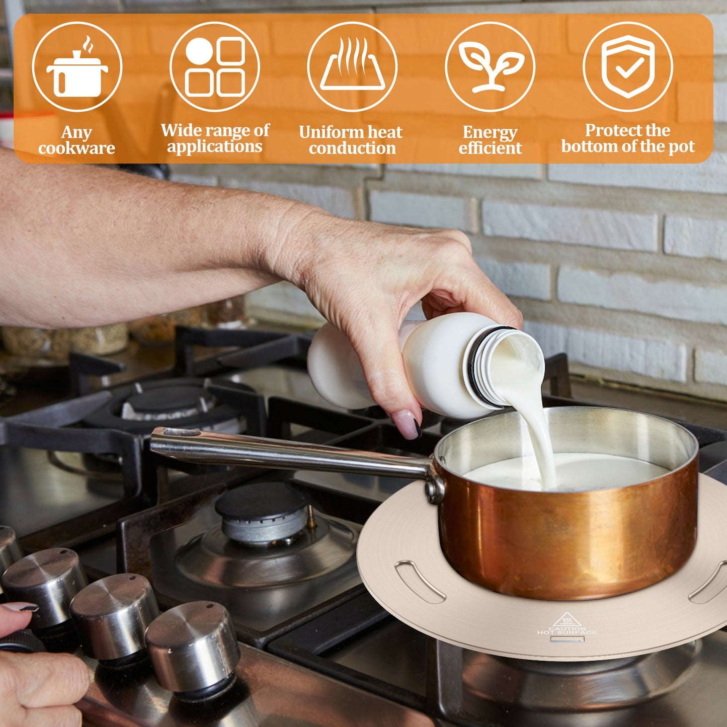 Universal pot protection - Stainless steel heat diffuser plate with convenient handle for gas stove and induction cooktop. Ensures even cooking and energy-efficient heat conduction, making it perfect for use with milk and coffee.