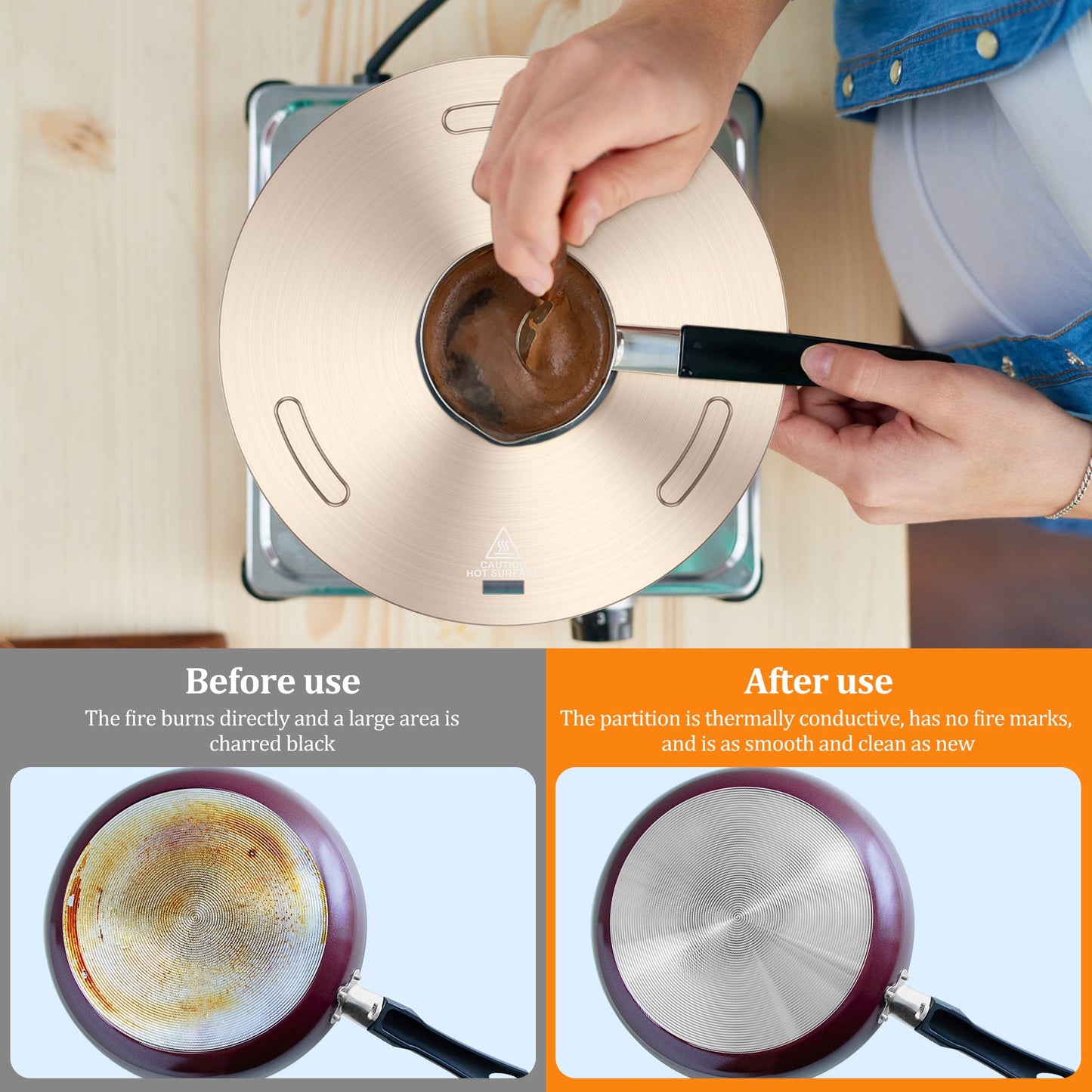 Universal pot protection - Stainless steel heat diffuser plate with convenient handle for gas stove and induction cooktop. Ensures even cooking and energy-efficient heat conduction, making it perfect for use with milk and coffee.