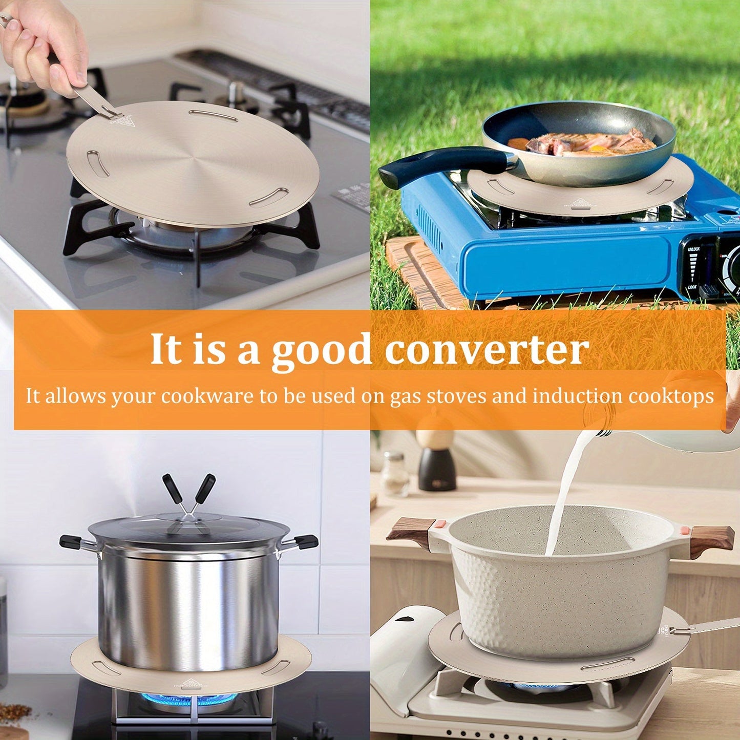 Universal pot protection - Stainless steel heat diffuser plate with convenient handle for gas stove and induction cooktop. Ensures even cooking and energy-efficient heat conduction, making it perfect for use with milk and coffee.