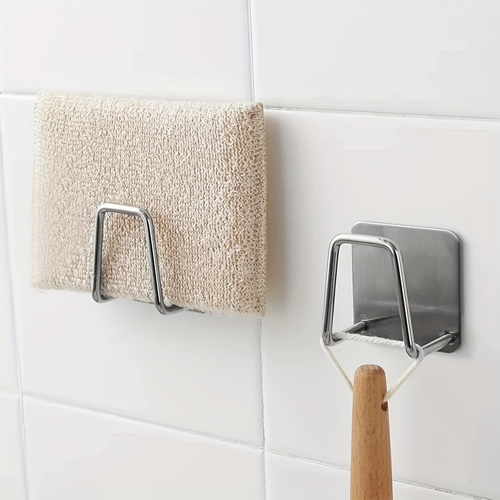 Set of 2/4 stainless steel sponge holders with hooks, punch-free sink sponge drain storage racks. These self-adhesive drain drying racks are perfect for organizing and storing sponges in the kitchen and bathroom. They are essential kitchen accessories