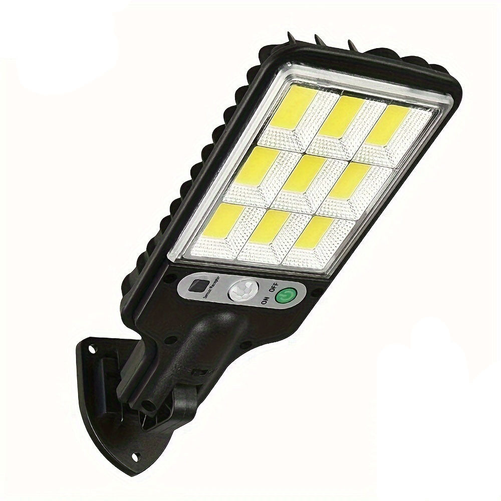 Solar motion sensor light with remote controller, solar-powered security light for garden, garage, yard, and backyard.