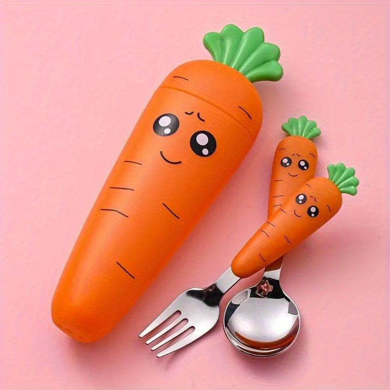 Stainless steel fork and spoon set shaped like carrots, ideal for portable cutlery.