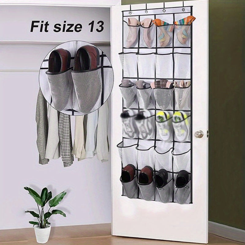 Compact over-the-door shoe organizer with 24 pockets; lightweight fabric storage rack for closet and sundries.