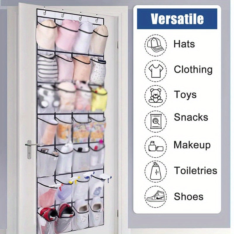 Compact over-the-door shoe organizer with 24 pockets; lightweight fabric storage rack for closet and sundries.