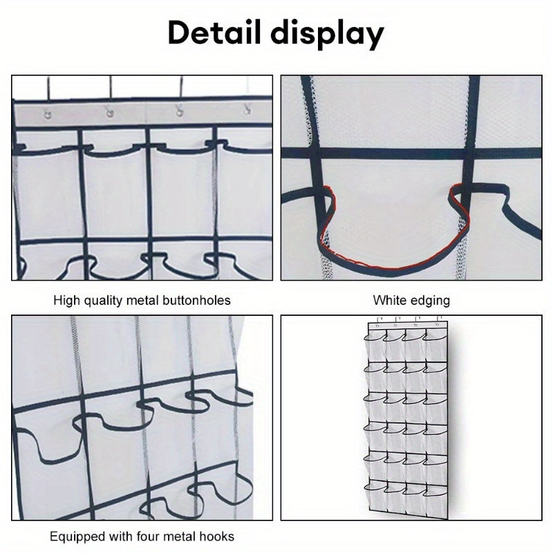 Compact over-the-door shoe organizer with 24 pockets; lightweight fabric storage rack for closet and sundries.