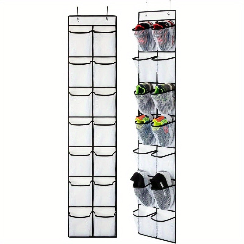 Compact over-the-door shoe organizer with 24 pockets; lightweight fabric storage rack for closet and sundries.