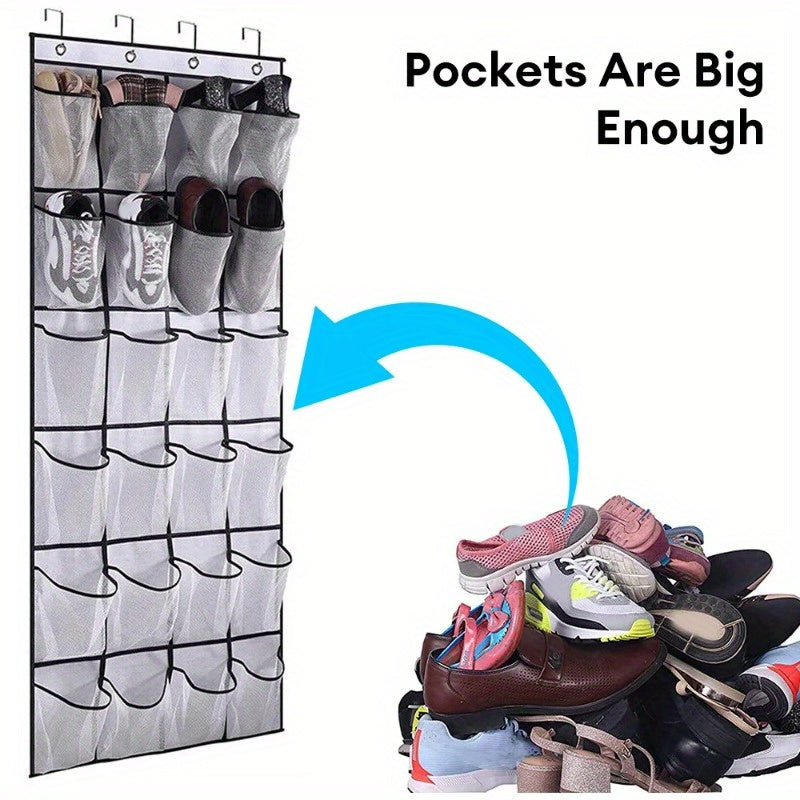 Compact over-the-door shoe organizer with 24 pockets; lightweight fabric storage rack for closet and sundries.