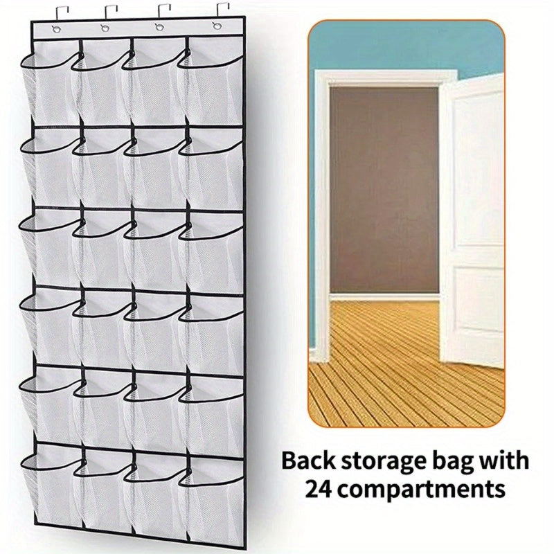 Compact over-the-door shoe organizer with 24 pockets; lightweight fabric storage rack for closet and sundries.