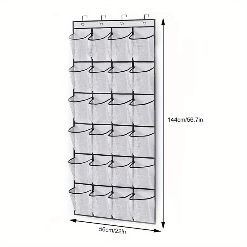 Compact over-the-door shoe organizer with 24 pockets; lightweight fabric storage rack for closet and sundries.