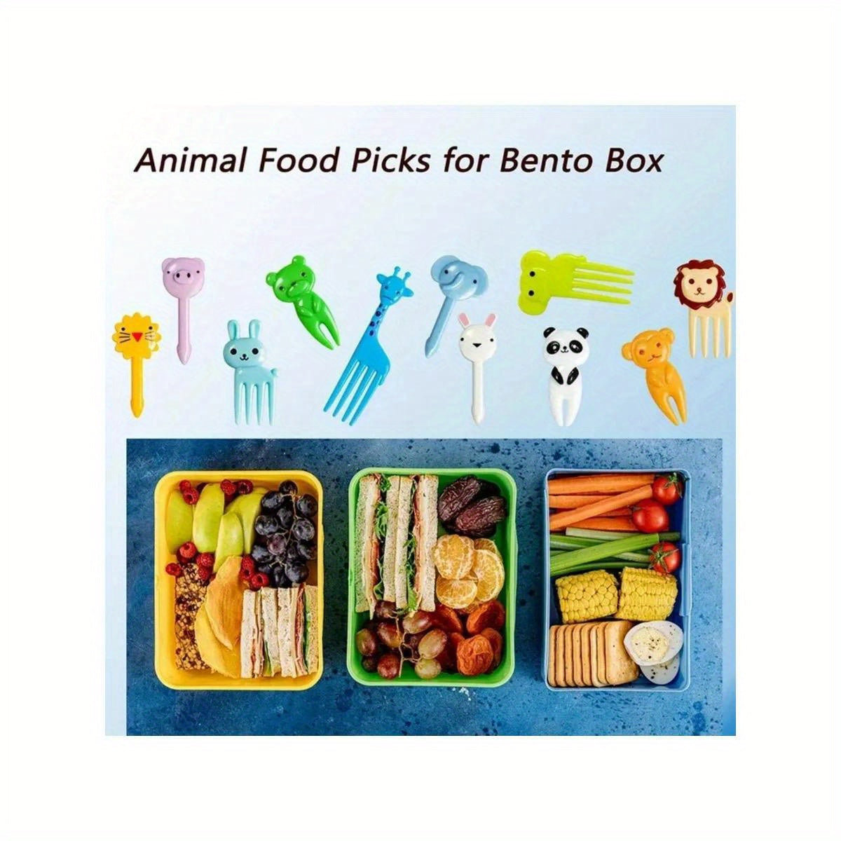 Set of 38 animal mini food picks with cutting tool and silicone lunch box divider - ideal for snacks, cakes, and fruits.