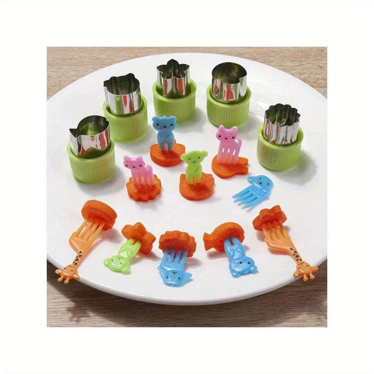 Set of 38 animal mini food picks with cutting tool and silicone lunch box divider - ideal for snacks, cakes, and fruits.